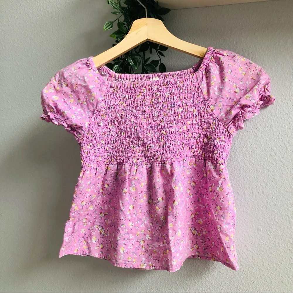 OshKosh B'gosh Smocked Bodice Girls Pink Floral Babydoll Top size 10